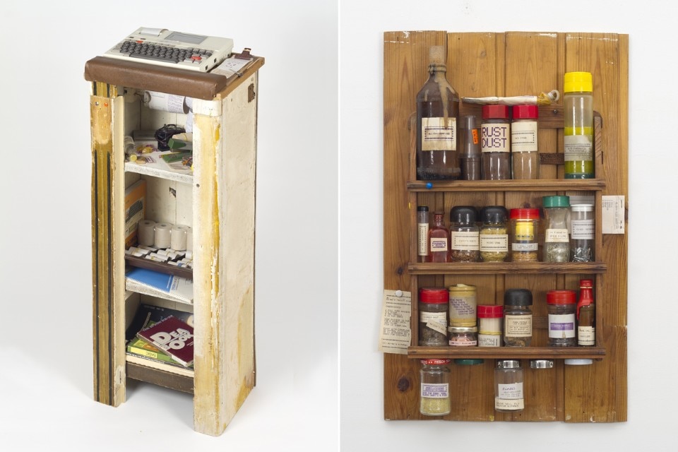Left:Ethan Hayes-Chute, Programming Station (Lectern), 2012, wood, Epson HX-20 notebook computer, custom software, programming manuals, paper rolls, various materials 41 x 16 x 11 in. Courtesy the artist. Right: Ethan Hayes-Chute, Contemporary Spice Rack, 2012, jars, bottles, various containers, mixed contents, push pins, Epson HX-20 printouts 23 x 15 x 3 in.
