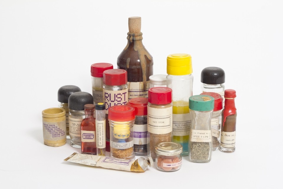 Ethan Hayes Chute, Bottles and Jars from Contemporary Spice Rack, 2012, jars, bottles, various containers, mixed contents, Epson HX-20 printouts, dimensions variable. Courtesy the artist