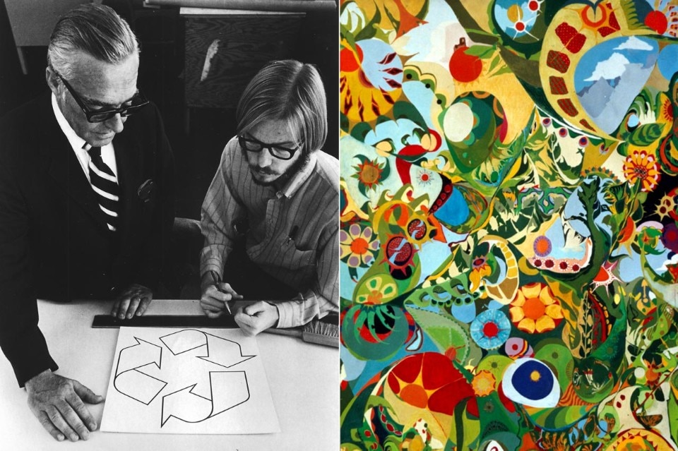Anderson William Lloyd and Gary Anderson with the recycle symbol at the Container Corporation of America / Isaac Abrams, Hello Dali, 1965. Courtesy the artist
