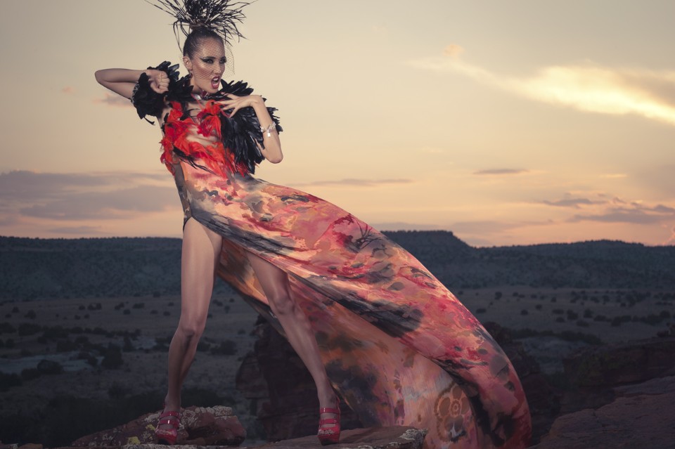 Orlando Dugi (Diné – Navajo), dress, headpiece, and cape, “Desert Heat” Collection, 2012