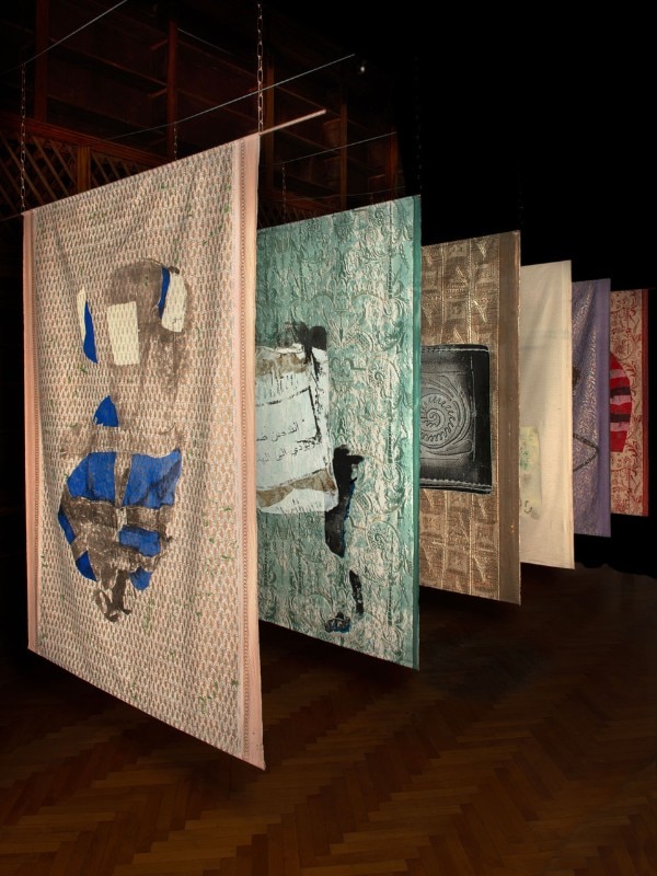 Shezad Dawood, <i>Labanof Cycle</i>, 2017. Mixed media on Fortuny textile, variable dimension. Courtesy of the artist and Leviathan – Human & Marine Ecology