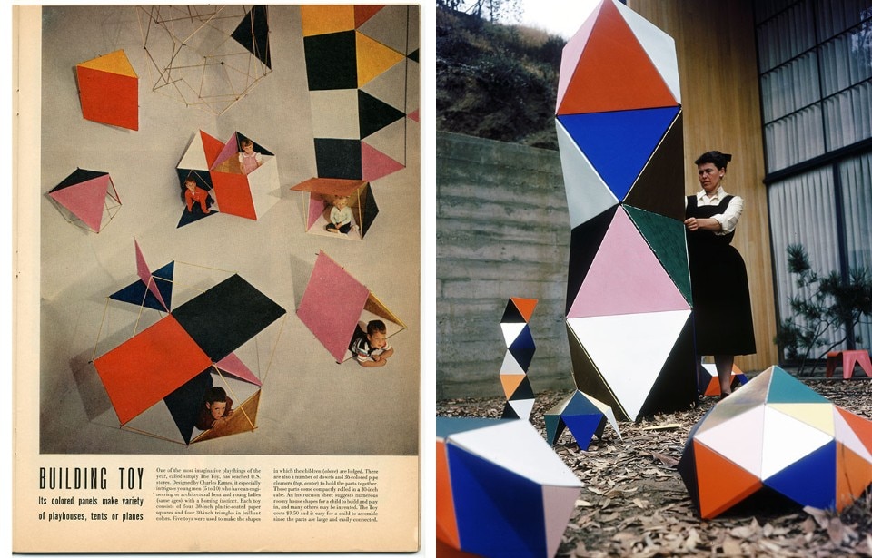 <b>A sinistra</b>: articolo su The Toy in Life magazine, 16 luglio 1951. <b>A destra</b>: Ray Eames con uno dei primi prototipi di The Toy nel cortile della Eames House, 1950. © Eames Office LLC