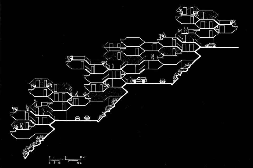 Habitat Puerto Rico, section through the hillside housing indicating access system generated by shape of the module (also covered parking), 1968. Courtesy Safdie Architects 