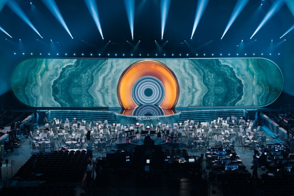 GRAMMYs 2025 stage design: there's a gigantic gramophone on the center of the stage