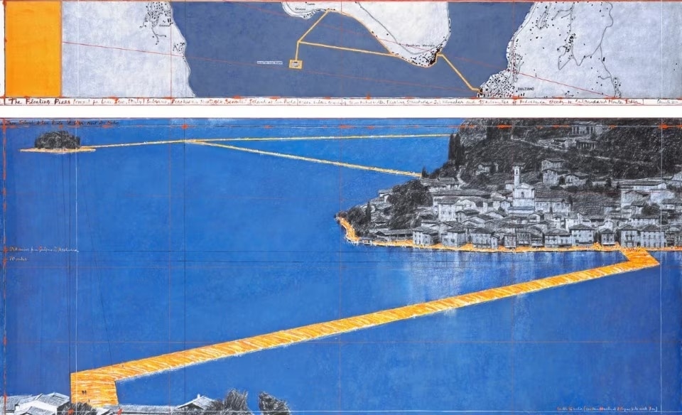 Christo. The Floating Piers (Progetto per il Lago d'Iseo, Italia) Disegno 2014 in due parti. 