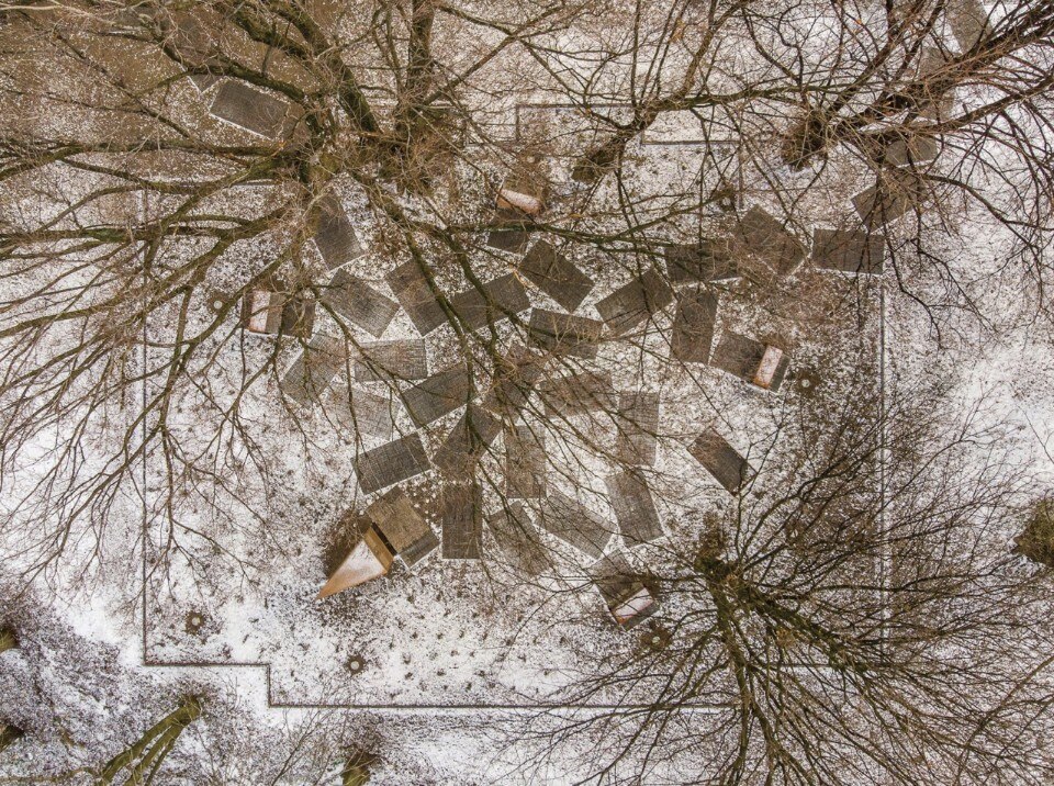 The Great Synagogue Memorial Park by NArchitekTURA, aerial view. Oświęcim, Poland, winter 2019. Courtesy Mies van der Rohe Award/NArchitekTURA. Photo Piotr Strycharski