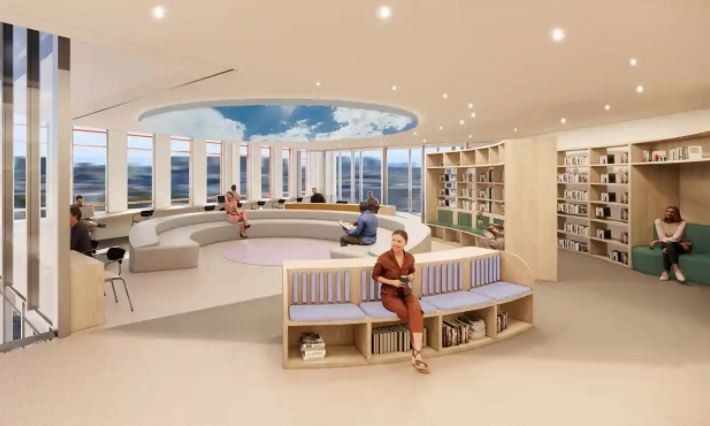 The La La library, a quiet zone for individual-focused work and an ocular interactive art installation to support wellness of Google staff that features a window to the passing clouds