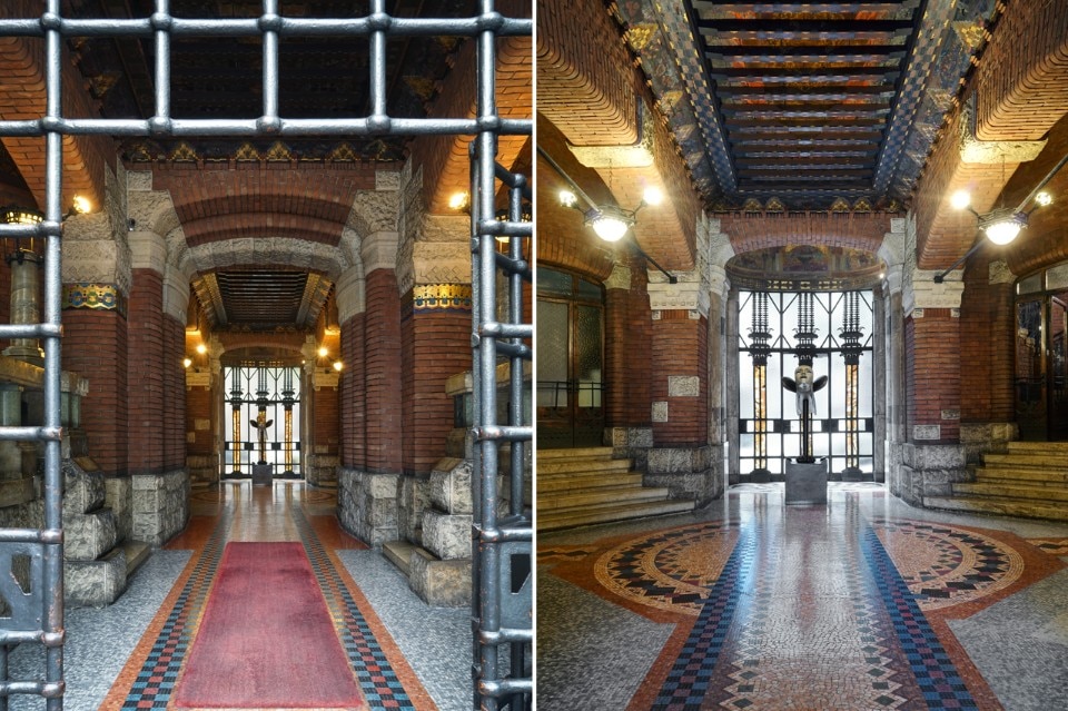 L’atrio a caverna della sontuosa Casa Berri Meregalli in via Cappuccini 8 a Milano, progettata da Giulio Ulisse Arata tra il 1911 e il 1915 con i ferri battuti di Alessandro Mazzucotelli e le ceramiche vetrificate di Villeroy & Boch.  