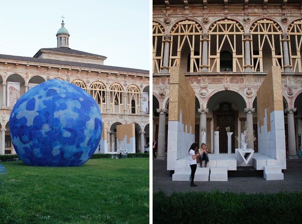 Left: Jacopo Foggini, <i>Plasteroid</i>, with Nice. Right: Mario Botta, <i>Stanza</i>, with GVM, Mapei and Riva 1920 and, above, Michele De Lucchi, <i>Pensando L’Aquila</i>, with Corpo Nazionale dei Vigili del Fuoco and Riva 1920