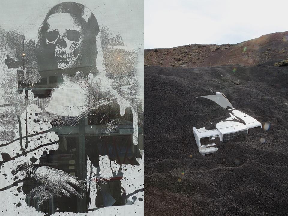 Judy Natal <i>Future Perfect 2040 Mona Lisa</i> and <i>Buried Automobile</i>.