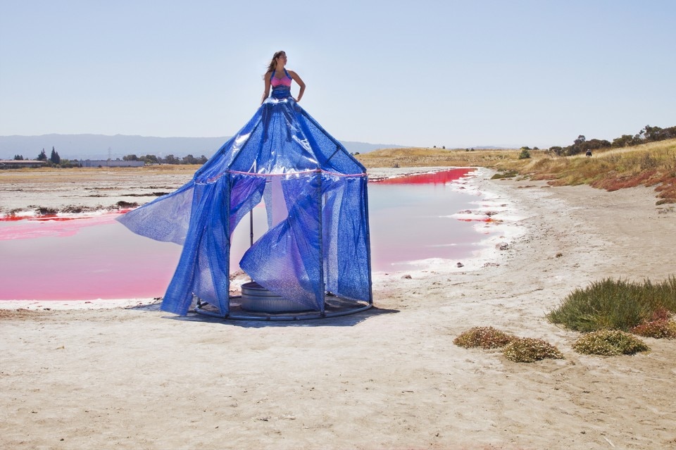 Robin Lasser + Adrienne Pao, Salty Water: South Bay Salt Flats Dress Tent, installed in Salt Ponds transitioning to wetlands near Redwood City, CA, 2010