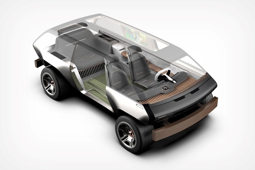 a tesla cyber minivan imagined as a modern day brubaker box