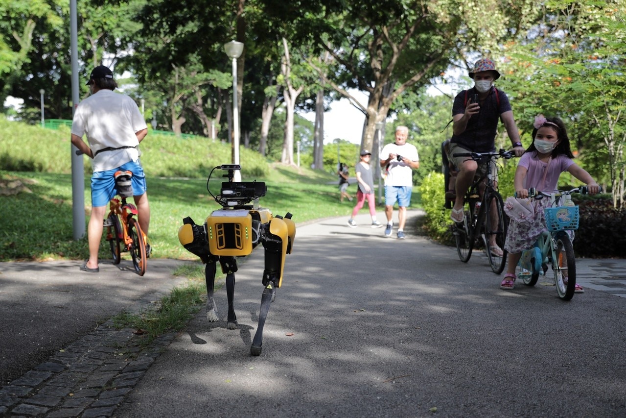 Coronavirus Robotdog encourages social distancing in Singapore Park