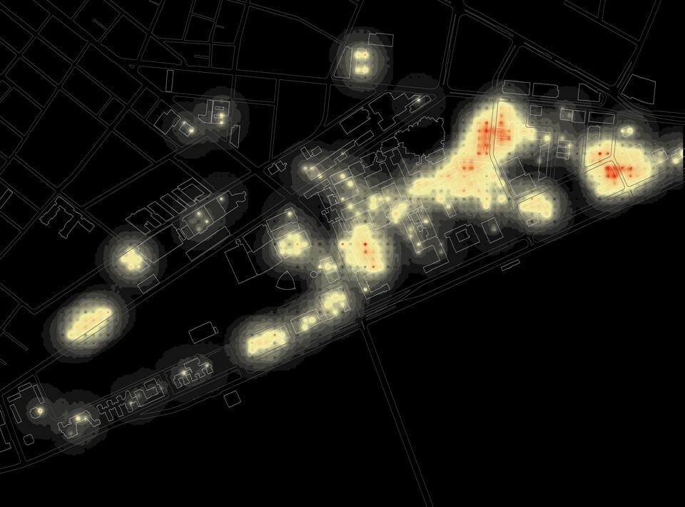 SENSEable City Laboratory, MIT, wireless internet intensity across the MIT campus, 2005, courtesy SENSEable City Laboratory