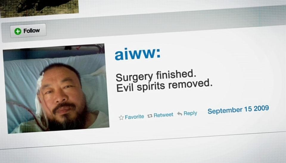 Top: Ai Weiwei walks over over a hundred million porcelain sunflower seeds which compose his 2010-2011 <em>Sunflower Seeds</em> installation at London's Tate Modern.  Above: Weiwei tweets after undergoing surgery, for injuries caused by the police