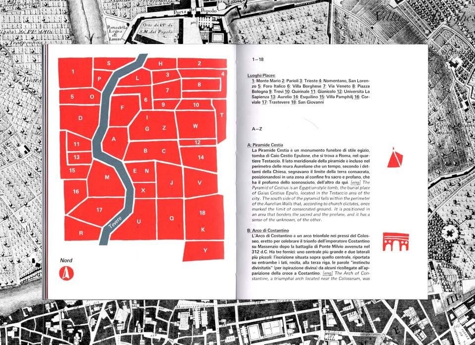 Alessio D'Ellena, <em>Abbecedario: Roma</em>, Corraini edizioni, Mantua 2012. Page detail. On the background, Nolli and Piranesi, <em>Nuova Topografia di Roma</em> ["New Topography of Rome"], 1748