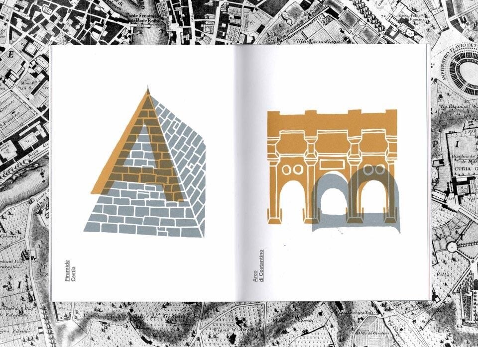 Alessio D'Ellena, <em>Abbecedario: Roma</em>, Corraini edizioni, Mantua 2012. Page detail. On the background, Nolli and Piranesi, <em>Nuova Topografia di Roma</em> ["New Topography of Rome"], 1748