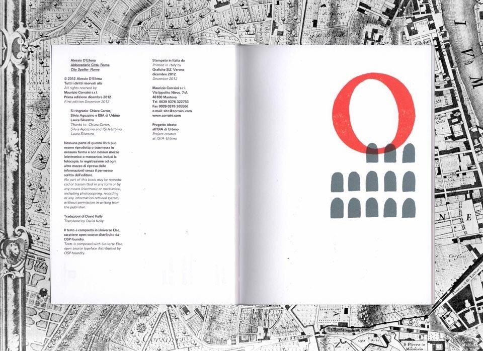 Top and above: Alessio D'Ellena, <em>Abbecedario: Roma</em>, Corraini edizioni, Mantua 2012. Page detail. On the background, Nolli and Piranesi, <em>Nuova Topografia di Roma</em> ["New Topography of Rome"], 1748