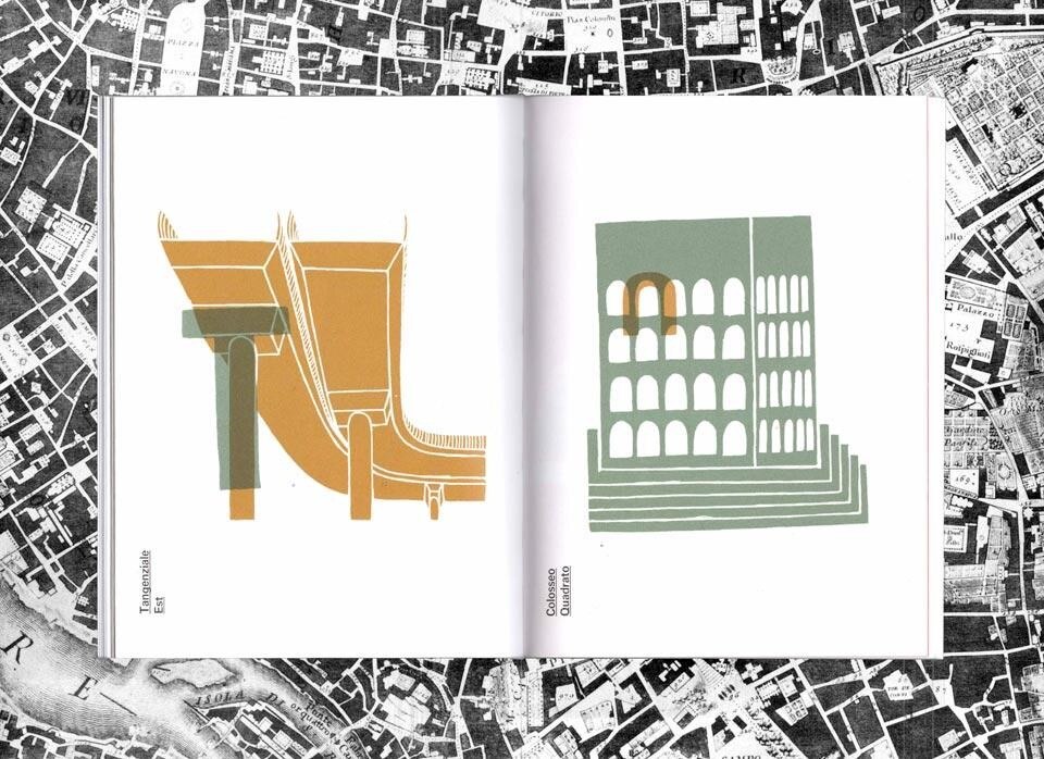 Alessio D'Ellena, <em>Abbecedario: Roma</em>, Corraini edizioni, Mantua 2012. Page detail. On the background, Nolli and Piranesi, <em>Nuova Topografia di Roma</em> ["New Topography of Rome"], 1748