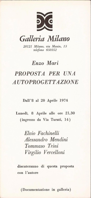 Proposta per un'autoprogettazione, invitation at Galleria Milano, 1974 Proposta per un'autoprogettazione, invitation at Galleria Milano, 1974