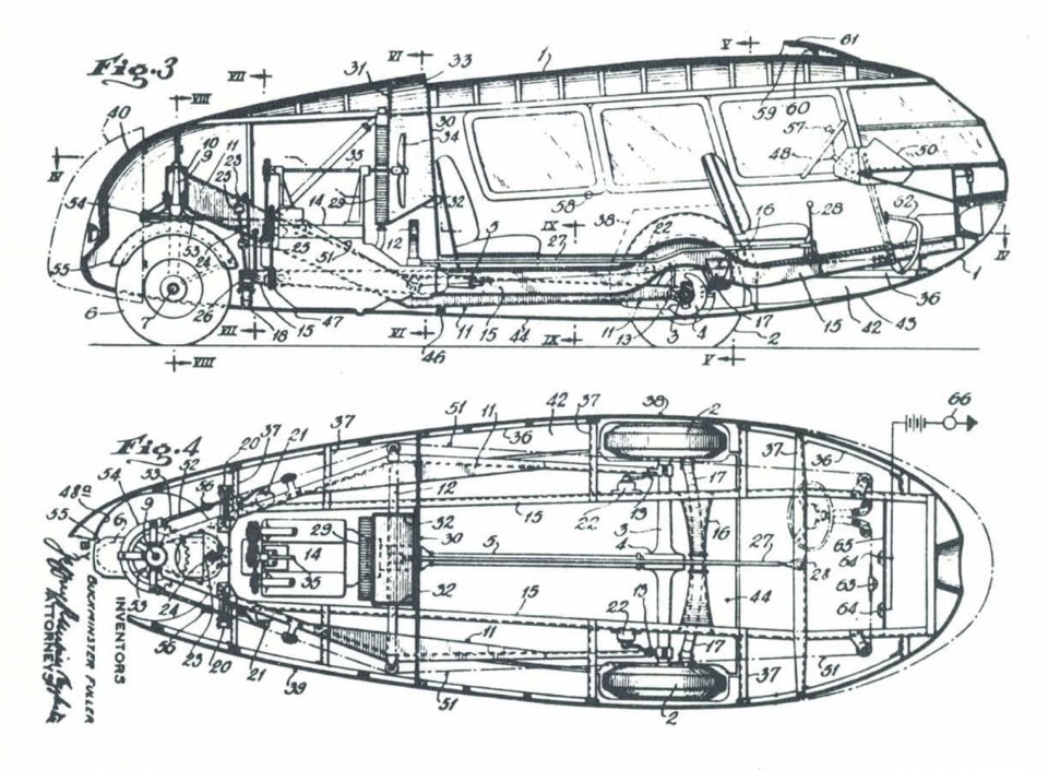 Richard Buckminster Fuller, drawings for the Dymaxion Car patent, 1938. In Domus 563, October 1976