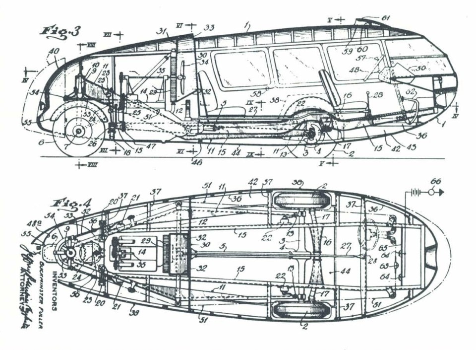 Richard Buckminster Fuller, brevetto Dymaxion Car, 1933. In Domus 563, ottobre 1976 Richard Buckminster Fuller, brevetto Dymaxion Car, 1933. In Domus 563, ottobre 1976