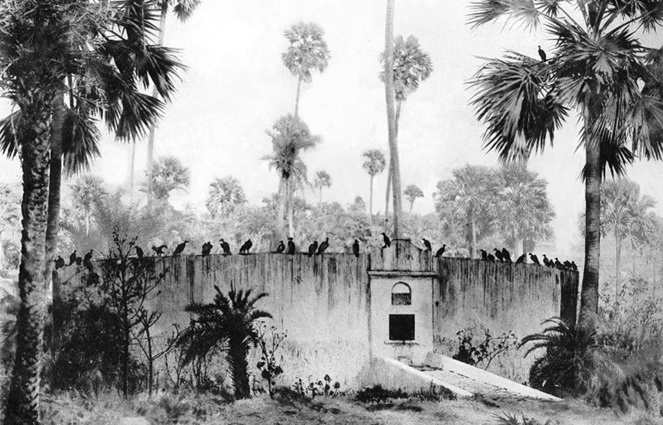 The Towers of Silence, circular, raised structures built by Zoroastrians, are used for dead bodies to be exposed to carrion birds, usually vultures