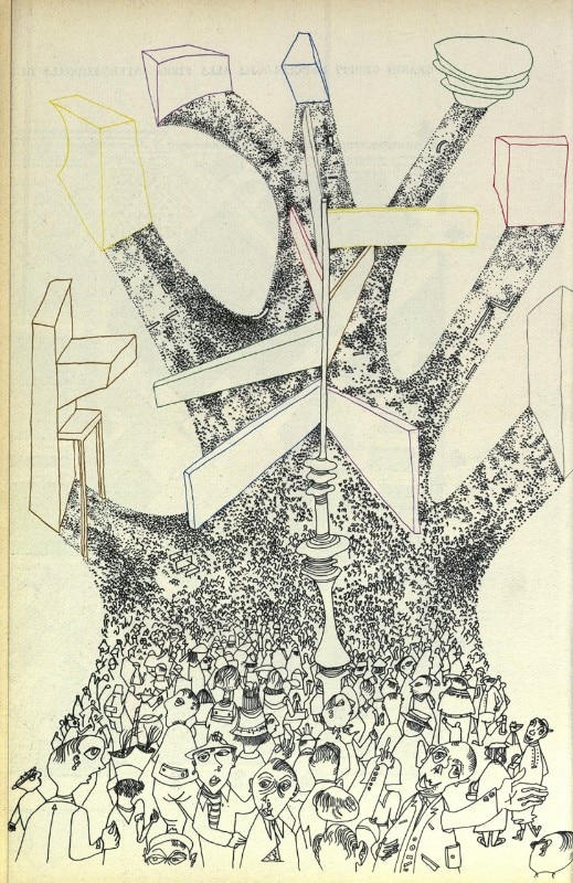 1953. Tavola illustrata dei visitatori alla Fiera Campionaria. Grafico Ezio Bonini. Pubblicata nella rivista “Fiera di Milano”. 