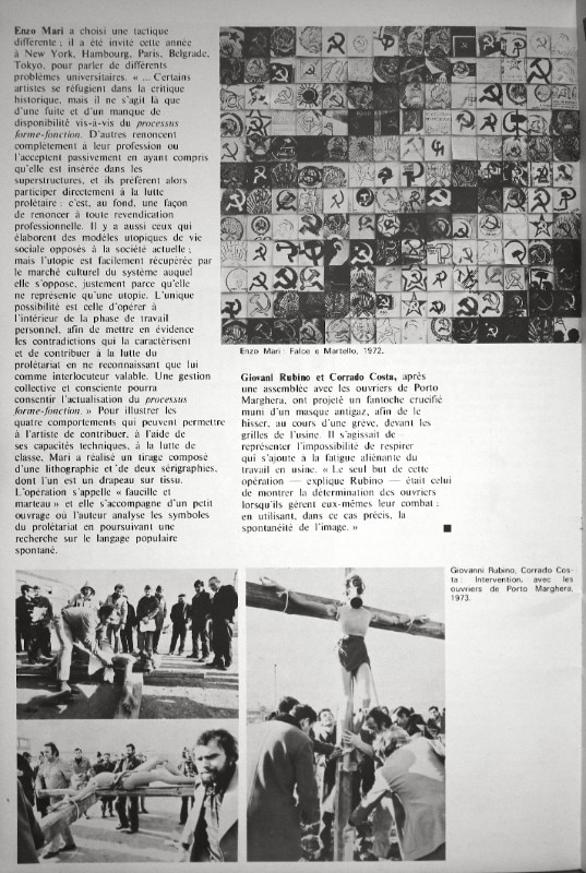 Opus International, articolo di Lea Vergine su Enzo Mari e sull’azione con l’assemblea autonoma di Porto Marghera, 1973. Archivio di Giovanni Rubino