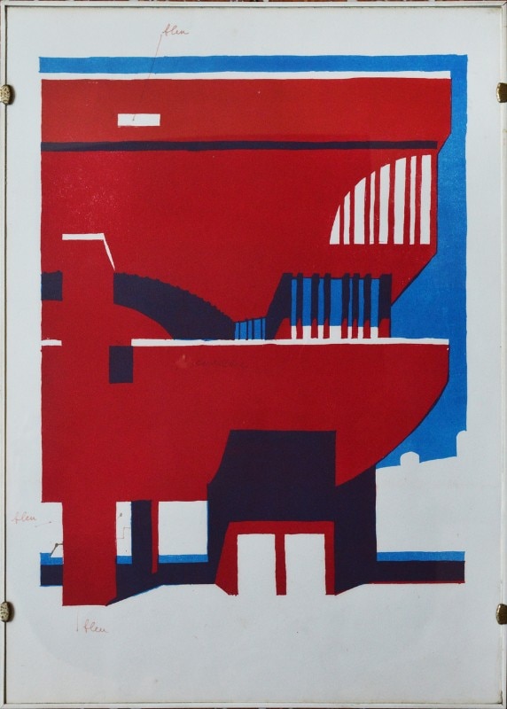 Studio Ayde (Carlo Aymonino, Maurizio Aymonino, Alessandro De Rossi, Baldo De Rossi), Ricostruzione del Teatro Paganini, Parma. Disegno di Carlo Aymonino, 1965, litografia, 50 × 36 cm. Collezione privata. Foto Ing. Enrico Petrucci