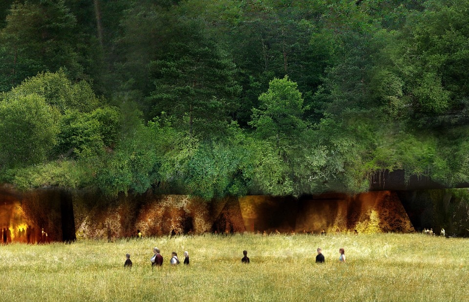 Lascaux IV, Centre International de l’Art Pariétal, Montignac, Lascaux, Francia – vista esterna che mostra un dettaglio del complesso di grotte prospiciente un prato