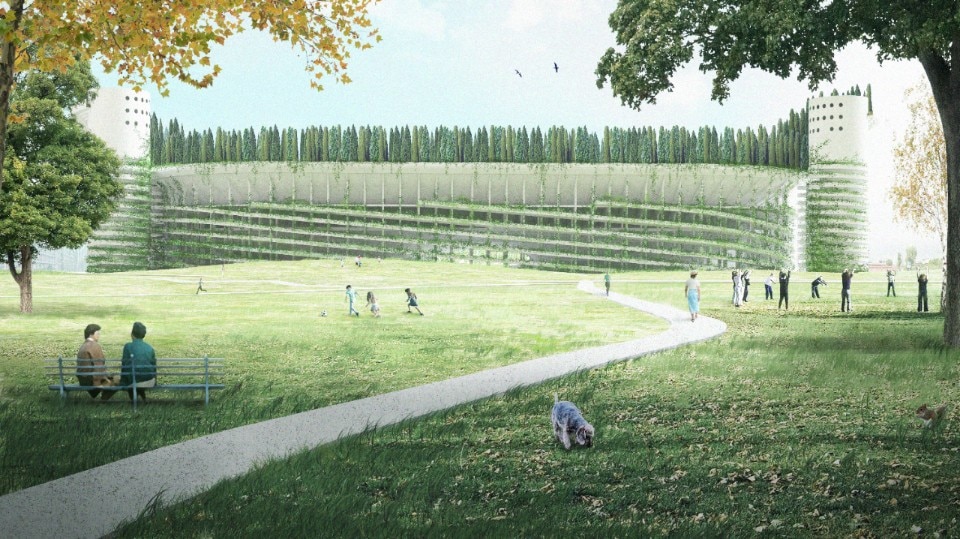 San Siro 2.0, Monumento per la vita, 2020: il rendering mostra come il verde prenda il sopravvento sulla struttura immersa in un parco