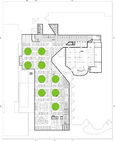 Pianta della biblioteca. In verde sono evidenziati i patii circolari