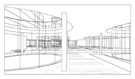 Prospettiva di progetto. In primo piano uno dei patii circolari