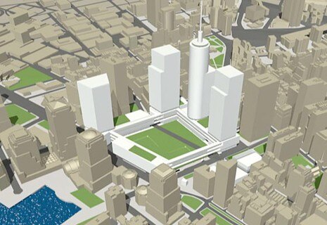 2. <b>Memorial Square</b>: 10 acri (4 ettari) di piazza con un edificio memoriale / culturale sul lato occidentale; 4 torri; nuovo distretto culturale a sud; spazio pubblico: 24,1 acri (9,7 ettari)
