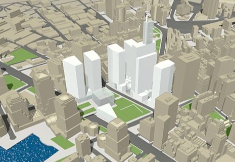 3. <b>Memorial Triangle</b>: spazio triangolare di 5 acri (2 ettari); 6 torri; residenza a sud di Liberty Street; spazio pubblico: 13,2 acri (5,3 ettari)
