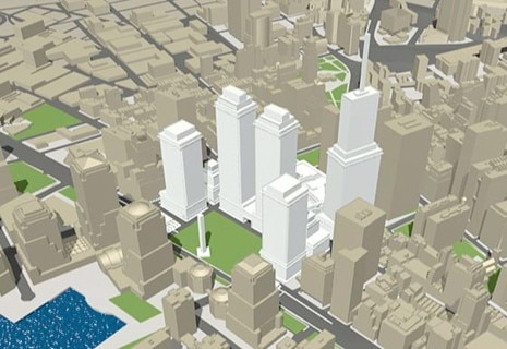 5. <b>Memorial Park</b>: parco di 6 acri (2,4 ettari); 5 torri; residenza a sud di Liberty Street; spazio pubblico: 14,4 acri (5,8 ettari)
