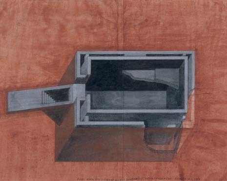 Un disegno del 1999 mostra uno schema delle fondazioni in cemento del volume regolare. © Sammlung Architekturzentrum Wien
