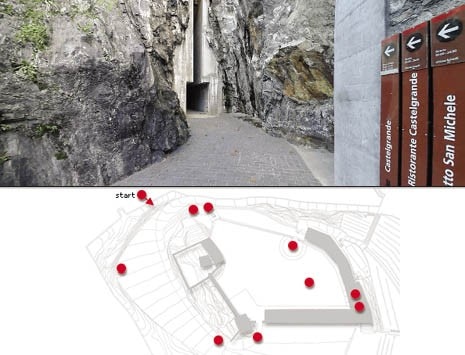 L’ingresso al Castello di Bellinzona di Aurelio Galfetti. Una postazione computerizzata all’interno della mostra permette di visualizzare panoramiche a 360° visitando virtualmente gli edifici