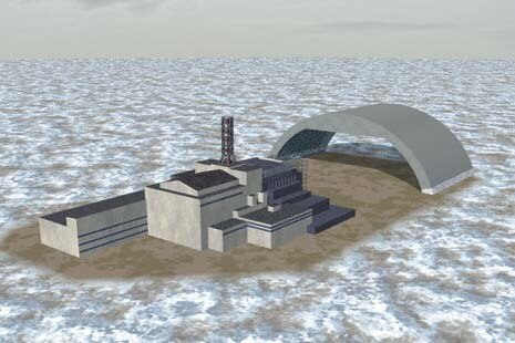 Studi preliminari della nuova struttura che dovrebbe inglobare il reattore nucleare, presentati in esclusiva a Domus. Il gigantesco arco costruito a lato del complesso, in attesa di essere slittato su binari realizzati ad hoc