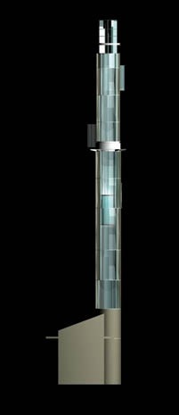 2° Progetto, 1998-99: prospetto, sezione e modello. La torre-ascensore ha un involucro esterno costituito da lastre di cristallo 