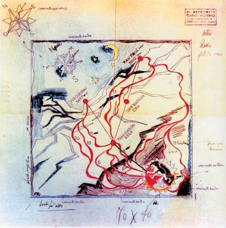 Disegno di foulard con 
la rappresentazione degli impianti e delle piste sciistiche di Cervinia, 1960 circa (Collezione Casa Mollino, foto F. Ferrari)
