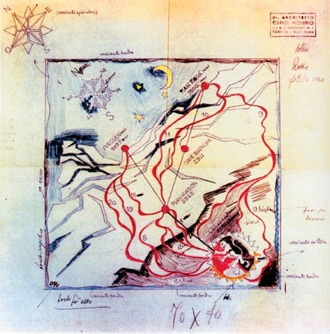 Disegno di foulard con 
la rappresentazione degli impianti e delle piste sciistiche di Cervinia, 1960 circa (Collezione Casa Mollino, foto F. Ferrari)
