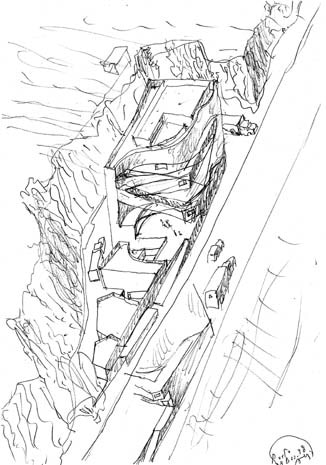 Schizzi di studio. Fin dall’inizio, prende forma l’idea di un volume compatto, sviluppato con due fronti ortogonali e uno ondulato