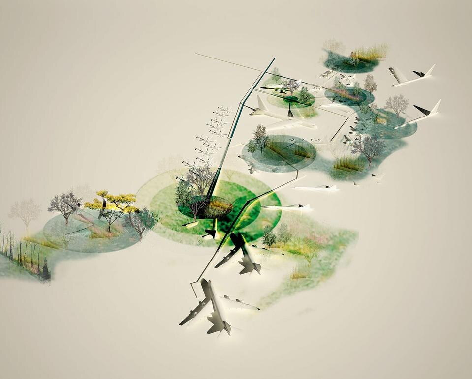 Il progetto Parco del lago prevede l’inondazione della pista dell’aereoporto abbandonato di Quito per creare un parco idrogeologico vivente.
I circa tre chilometri di pista organizzano sei scene in cui si inseriscono marcite per il recupero biologico e la depurazione delle acque, piscine,
bagni termali, un giardino botanico per la flora acquatica, un acquario all’aria aperta e un lago per attività ricreative