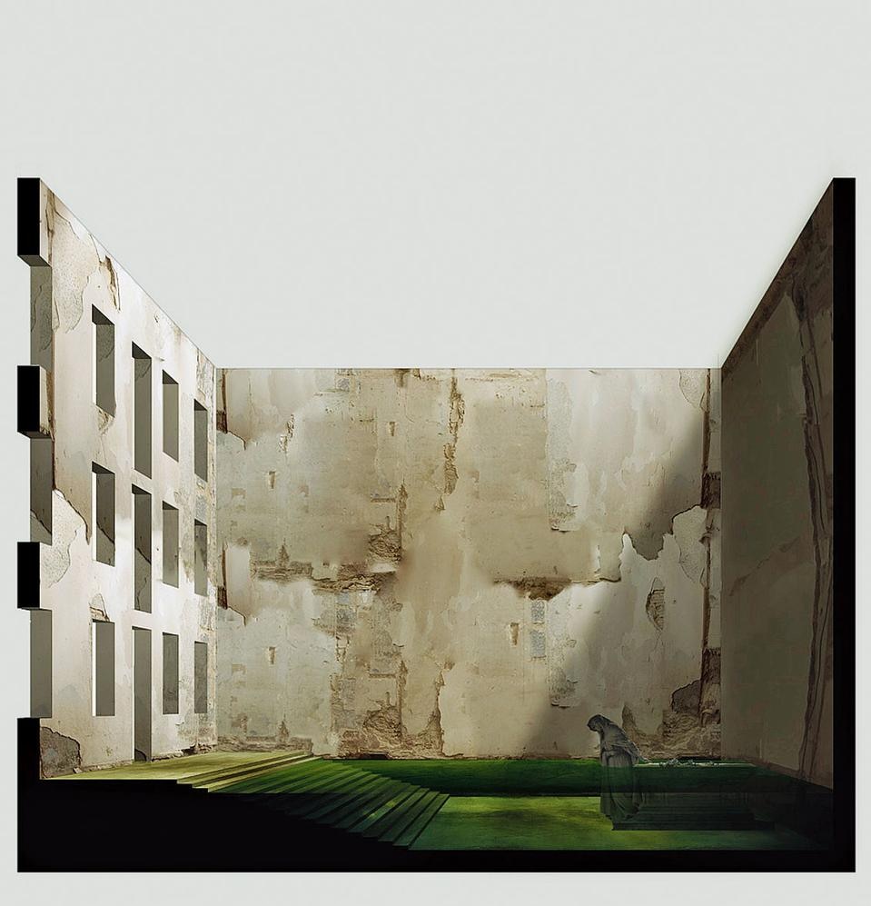 Il parco nella laguna di Venezia si snoda in episodi segnati dalla presenza dell’acqua: le foreste confinate nel recinto dell’architettura, le terme e i bagni dentro gli edifici liberati dal tetto,
e inondati, trasformano il paesaggio secondo il ritmo delle maree. Pareti e tetti, interposizioni alla percezione, rafforzano l’esperienza dell’orizzonte