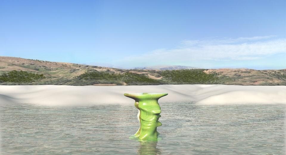 Sopra: Saline Joniche: un parco aperto.
La macchina energetica è protetta grazie a un bordo/confine, che delimita la centrale, una barriera osmotica, che permette una permeabilità visiva,   grazie alla definizione di un terrapieno che trasforma il muro di cinta in un elemento a basso impatto, senza pregiudicarne la funzione di sicurezza.
Qui: Campolattaro, il nuovo invaso mostra chiaramente il suo uso, una grande scultura, che mostra, a seconda delle angolazioni, il volto/ricordo delle antiche popolazioni della zona, funge da misuratore del livello dell'acqua.