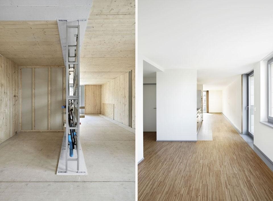 Sinistra: gli interni in fase
di costruzione. Destra: negli appartamenti finiti il legno strutturale non è visibile. Foto Giuseppe Micciché