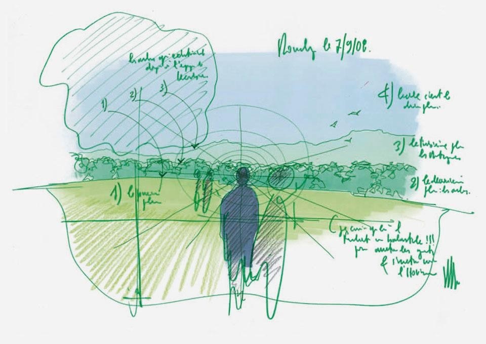 Il paesaggio, disegno di Renzo Piano. © Renzo Piano Building Workshop. La natura gioca un ruolo fondamentale nel progetto, mettendo in evidenza l'aspetto sacro e remoto del sito.