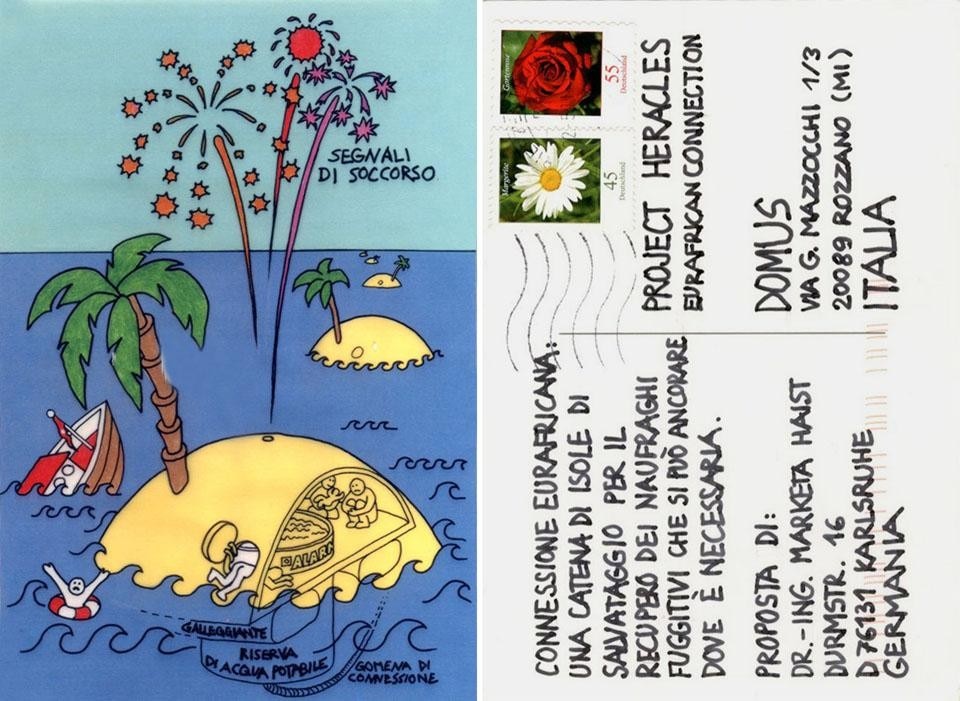 In alto: la cartolina inviata da Tom Fox. Sopra: una catena di isole di salvataggio per il recupero dei naufraghi fuggitivi che si può ancorare dove è necessaria, Marketa Haist, Karlsruhe (Germania)